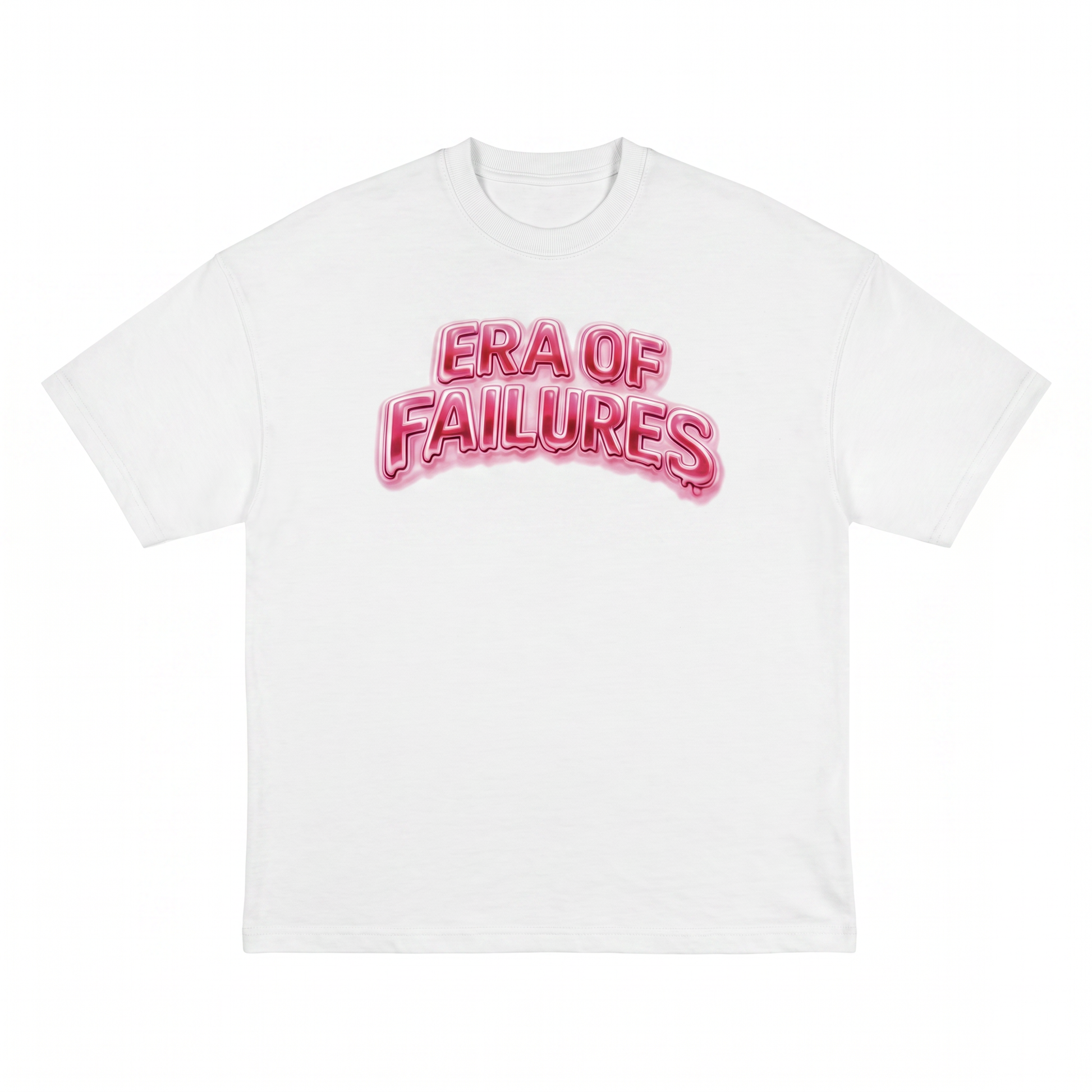 White t-shirt with pink 'ERA OF FAILURES' text on a white background