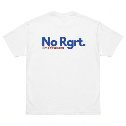 White t-shirt with 'No Rgrt. Era Of Failures' text on a white background
